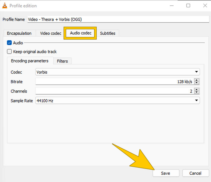 VLC: вкладка Audio codec с Bitrate, Channels и Sample Rate