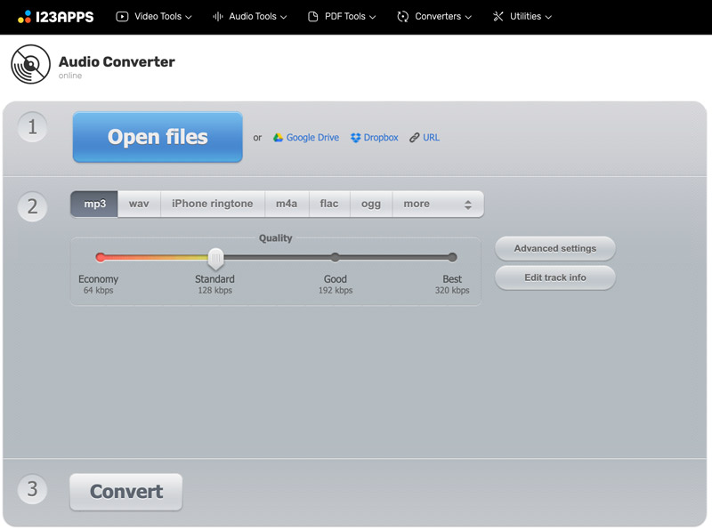 Интерфейс Online Audio Converter 123apps с выбором WAV и дополнительными настройками