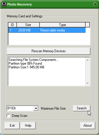 Выбор карты памяти, Maximum File Size и Deep Scan в MjM Free Photo Recovery