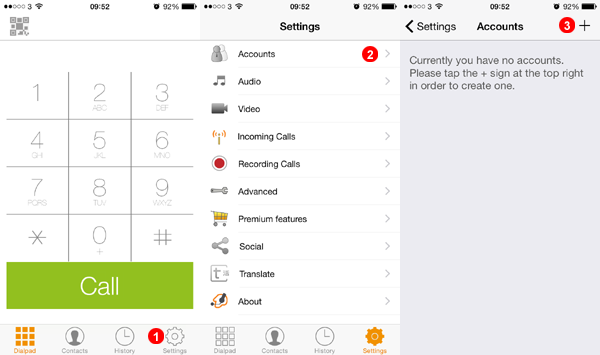 Экраны Zoiper на iPhone с переходом в Settings и Accounts