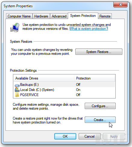 Вкладка System Protection в свойствах системы Windows 7 и кнопка Create