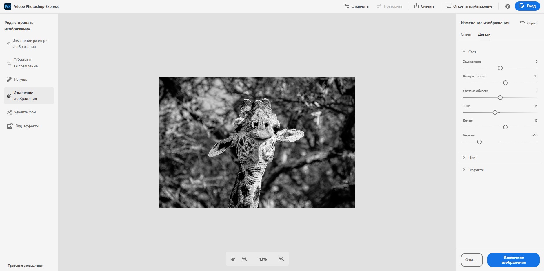 Черно-белый образ в Adobe Photoshop Express