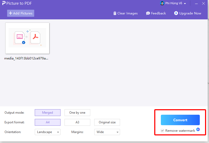 Параметры Picture to PDF и кнопка Convert в WPS Office