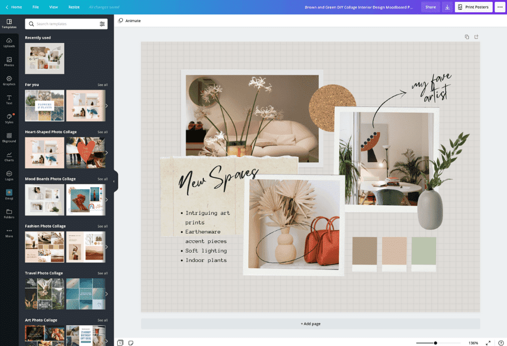 Редактор Canva с готовым интерьерным мудбордом