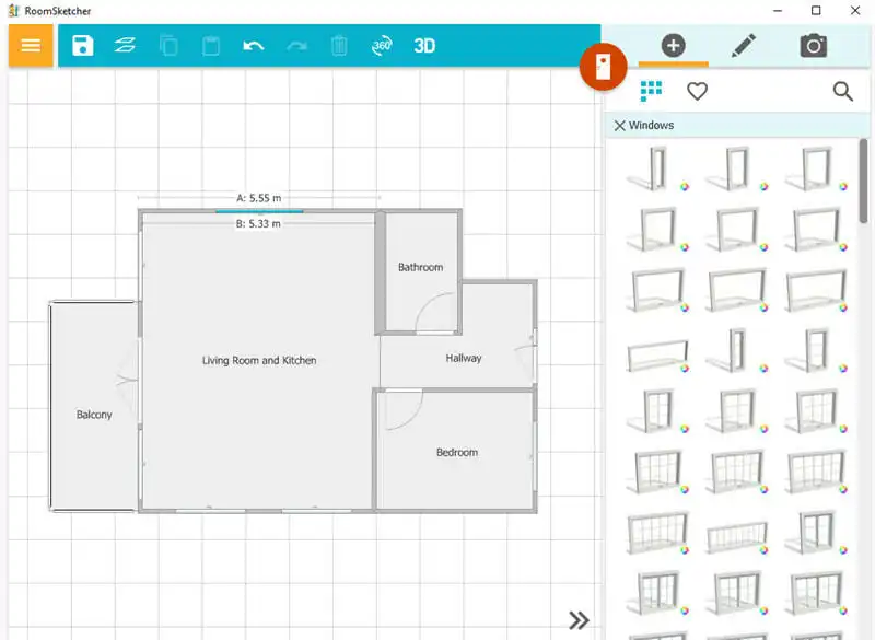 Интерфейс RoomSketcher с планом и панелью окон