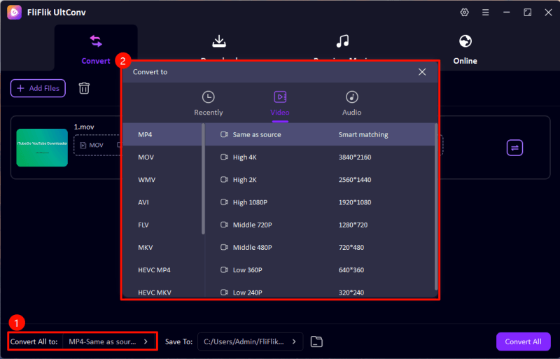 FliFlik UltConv: выбор выходного формата