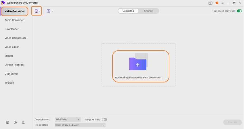 Окно Wondershare UniConverter для добавления WebM