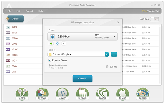 Окно MP3 output parameters в Freemake Audio Converter с профилем 320 Kbps и кнопкой Convert