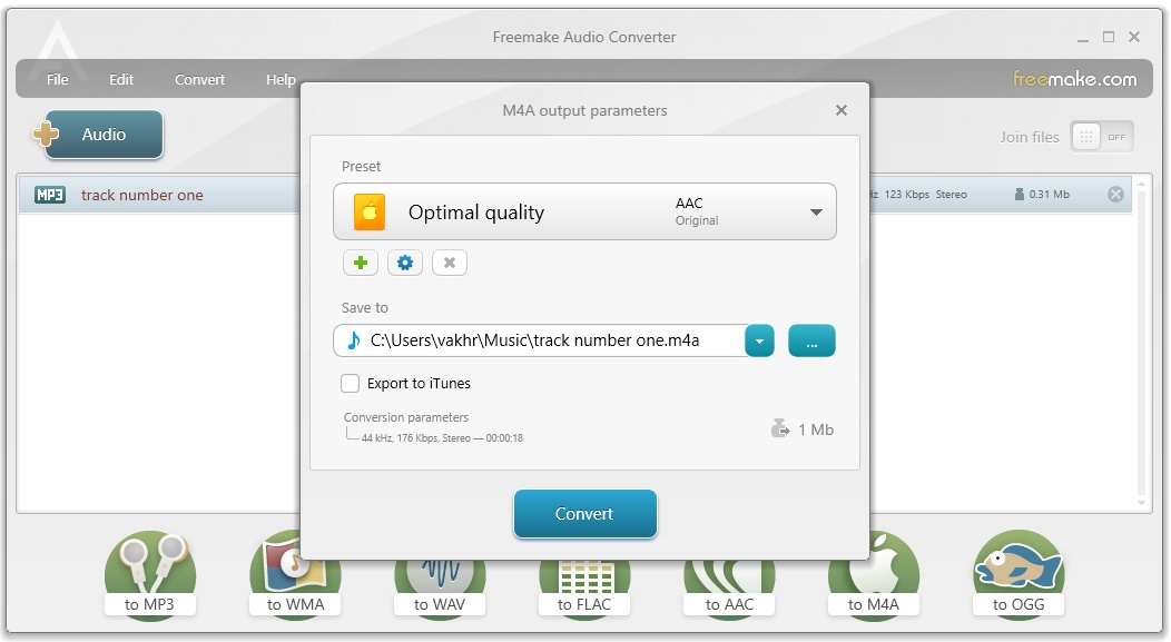 Окно M4A output parameters в Freemake Audio Converter