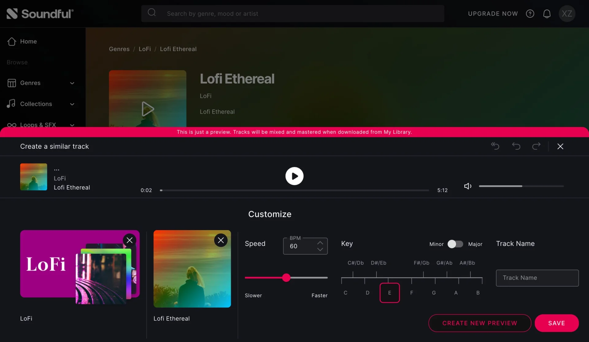 Интерфейс Soundful с настройкой темпа и тональности генерируемой музыки