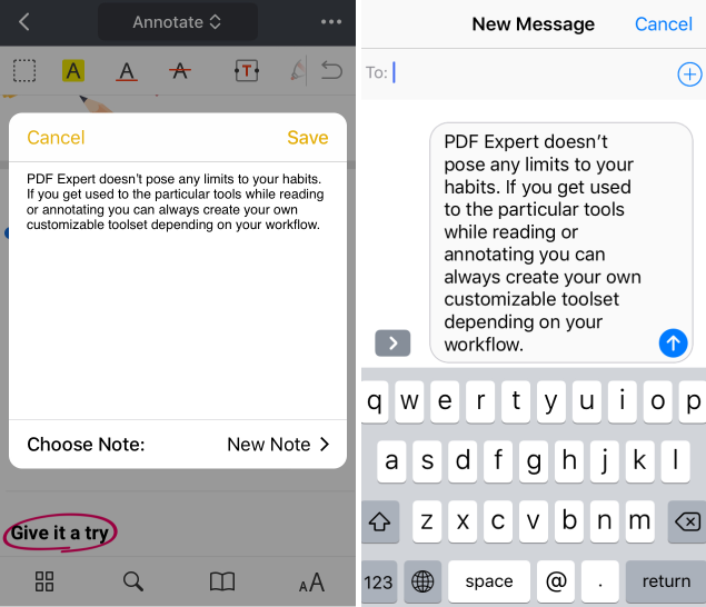 Передача выделенного текста из PDF Expert на iPhone