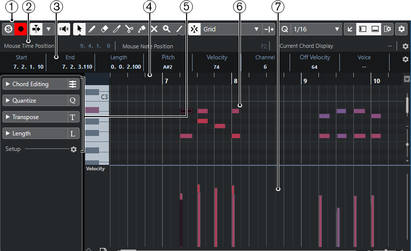 Cubase: Key Editor с MIDI-нотами, velocity и панелью параметров