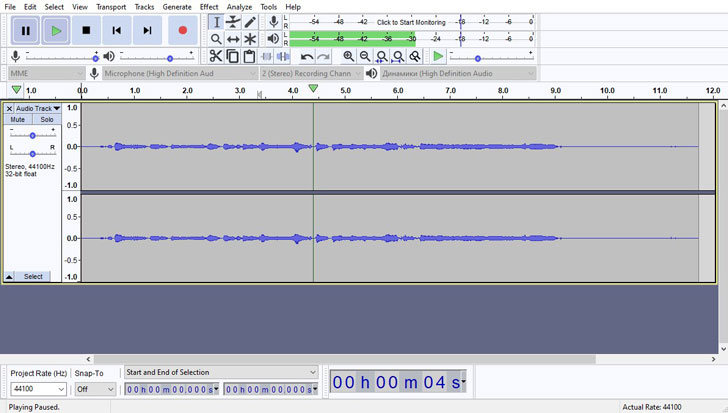 Главное окно Audacity с аудиодорожкой