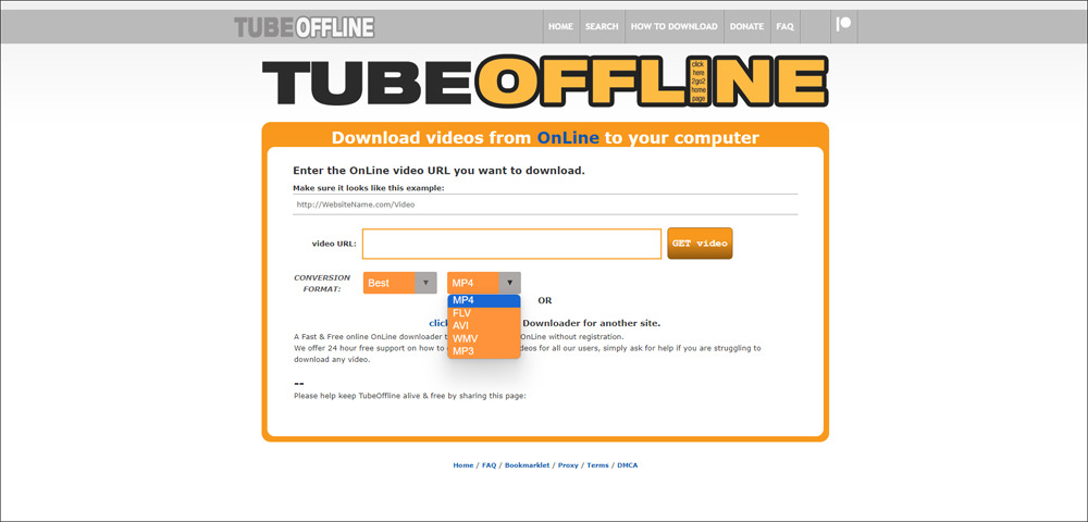 Форма TubeOffline с полем video URL и выбором формата
