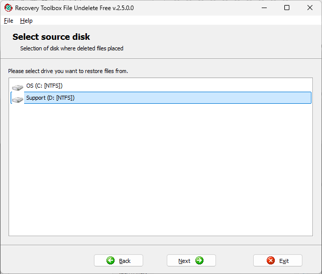 Выбор исходного NTFS-диска в Recovery Toolbox File Undelete Free