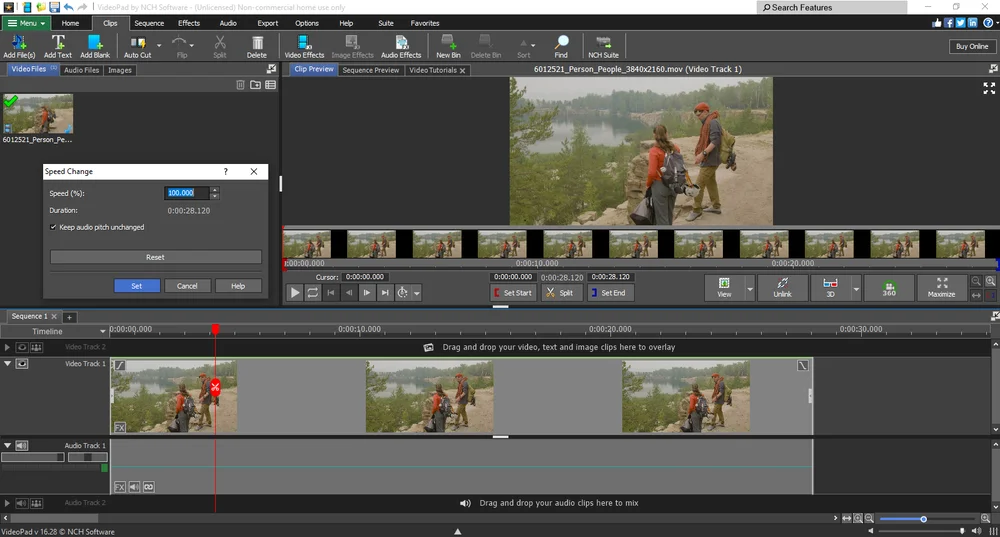 Окно Speed Change в VideoPad