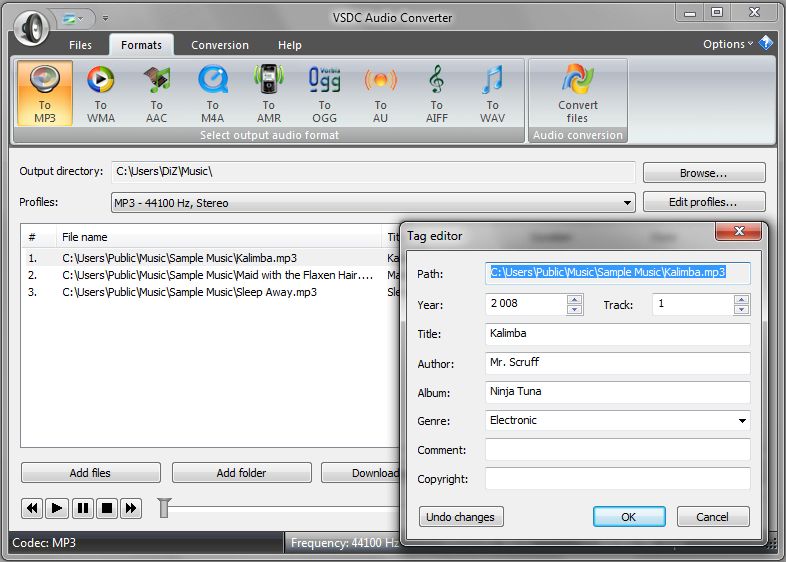 Выбор формата и работа с метаданными в VSDC Free Audio Converter