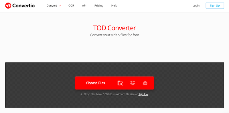 Страница Convertio для конвертации TOD