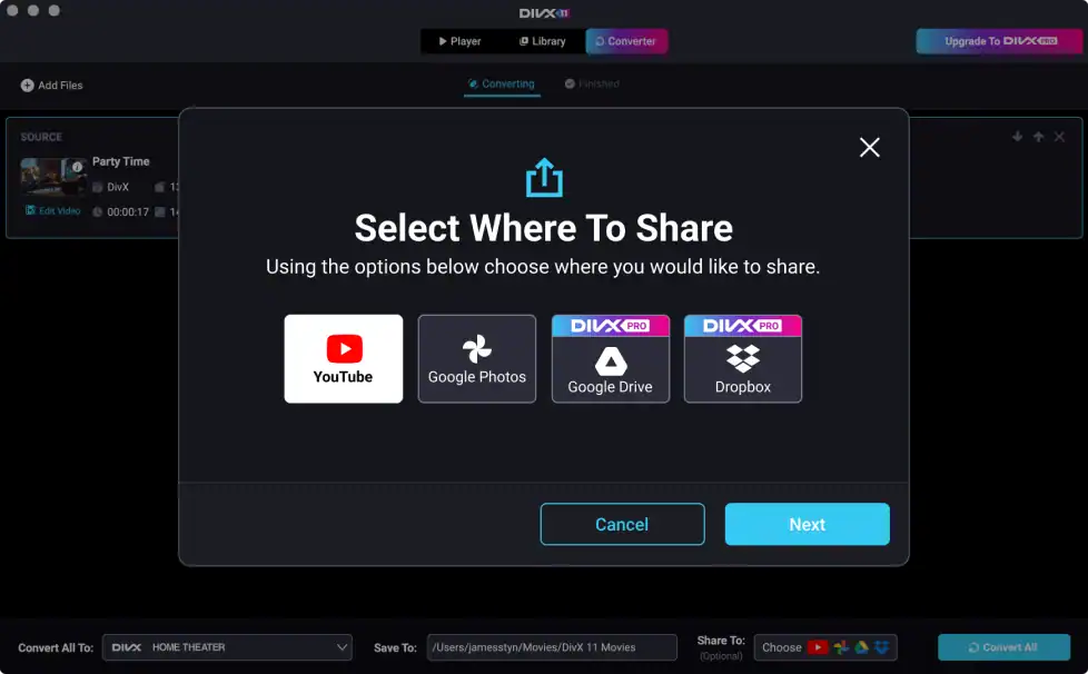 Окно Select Where To Share в DivX Converter с YouTube, Google Photos, Google Drive и Dropbox