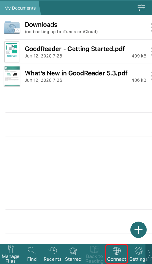 Экран подключения файлового хранилища в GoodReader