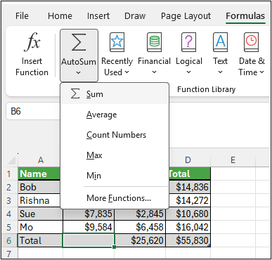 Меню AutoSum в Microsoft Excel