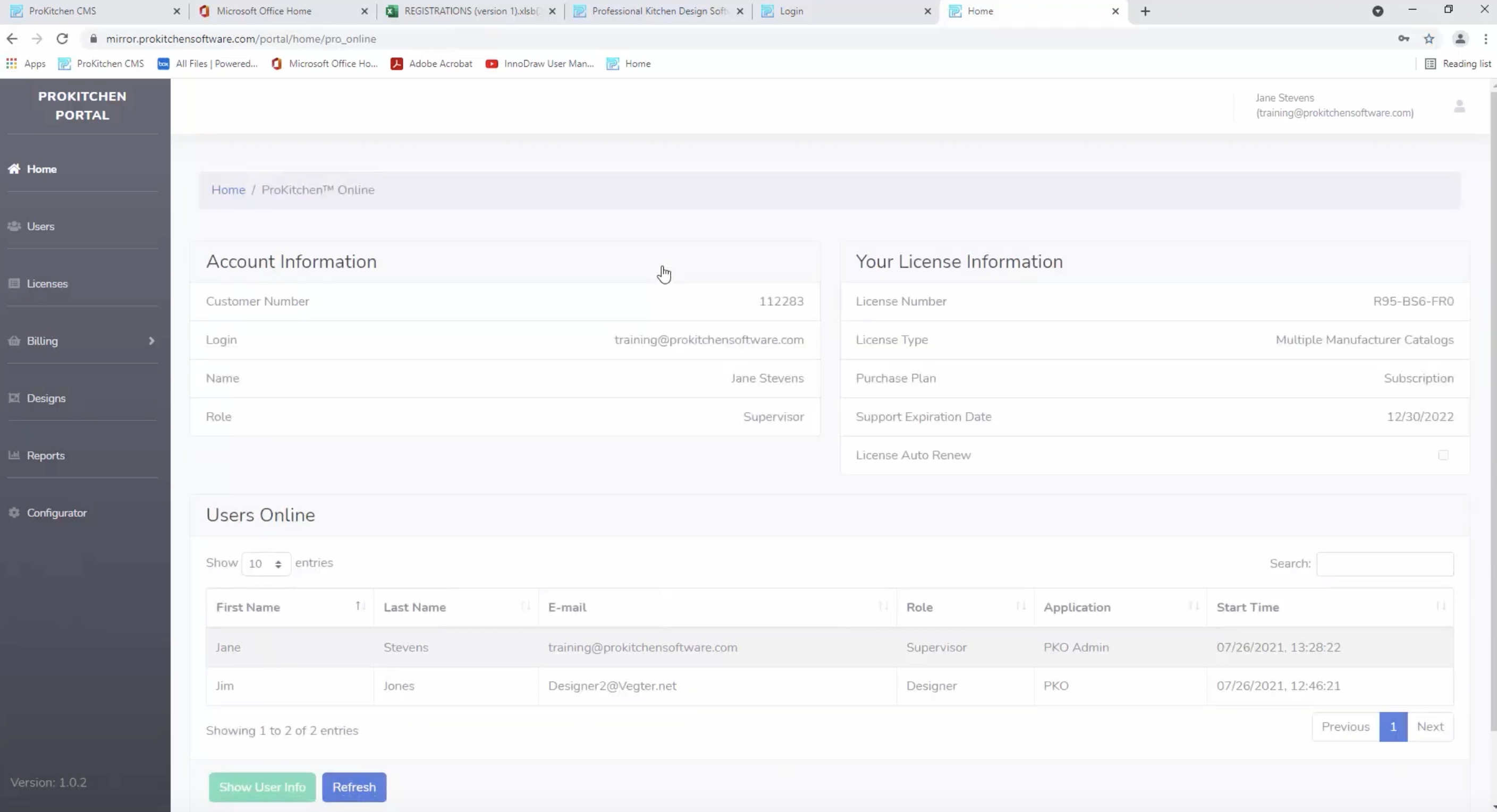 ProKitchen Portal с разделами управления пользователями, лицензиями, дизайнами и отчётами