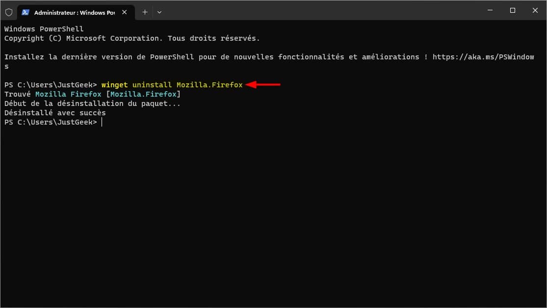 Команда winget uninstall и подтверждение успешного удаления в PowerShell