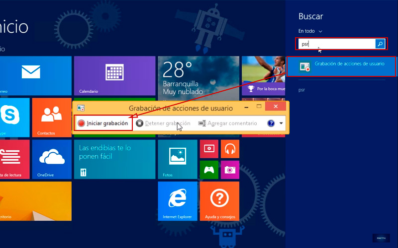 Поиск средства записи действий в Windows 8
