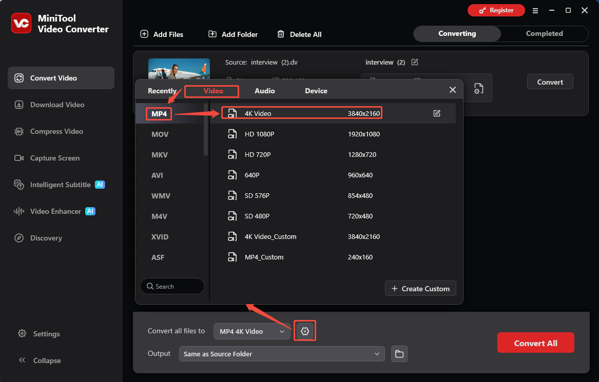 Выбор MP4 и разрешения в окне MiniTool Video Converter