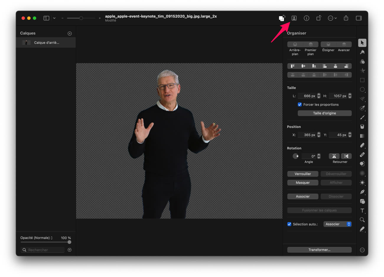 Удаление фона в интерфейсе Pixelmator Pro