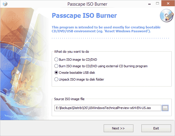 Окно Passcape ISO Burner для выбора образа и привода