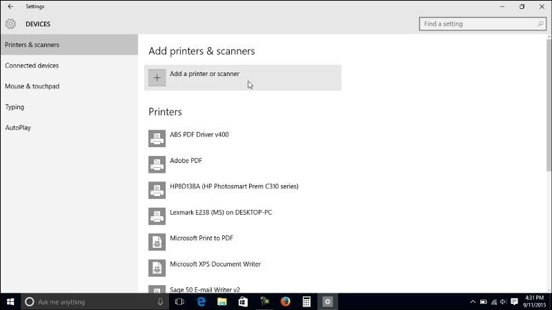 Раздел параметров Windows для перехода к настройкам принтера