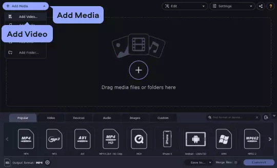 Главное окно Movavi Video Converter с кнопкой Add Media и областью Drag media files or folders here