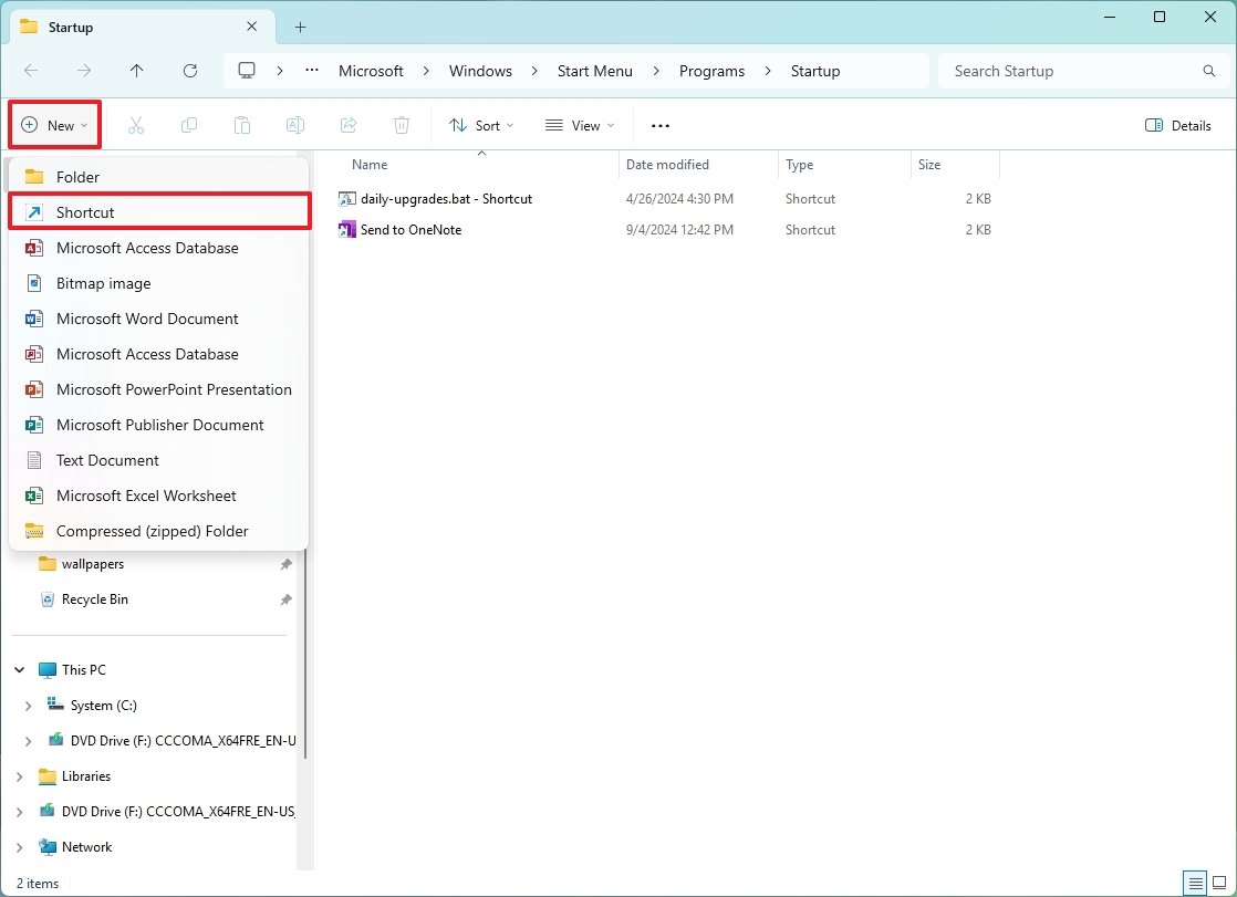 Создание нового ярлыка в папке Startup Windows 11