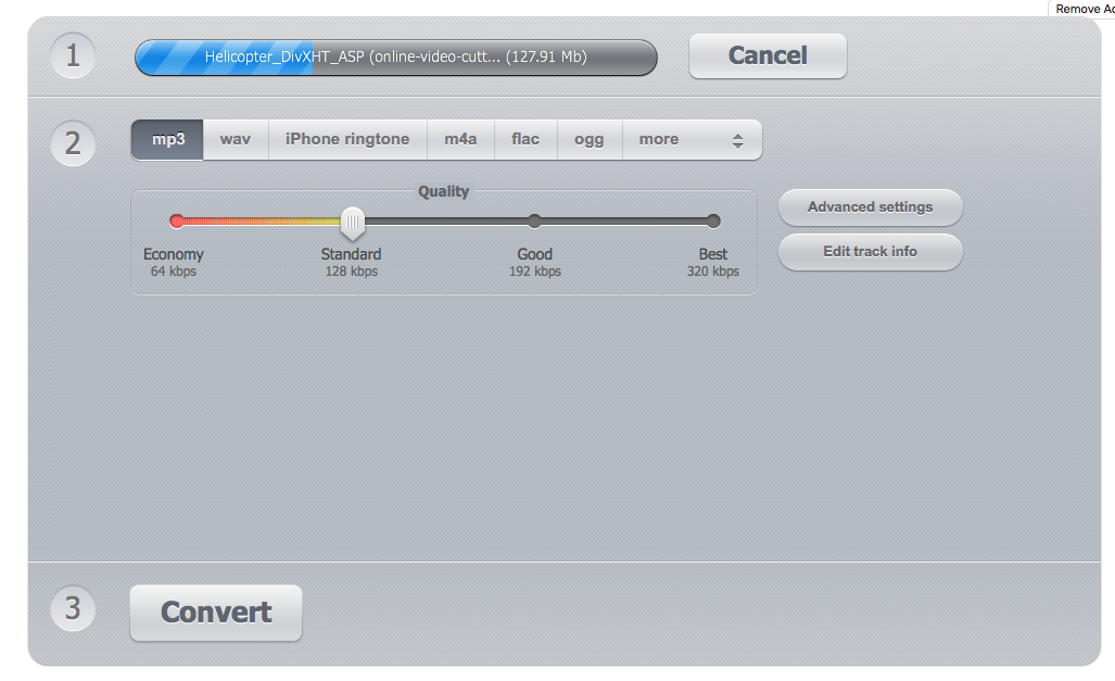 Экран 123apps Audio Converter с выбором формата и кнопкой Convert