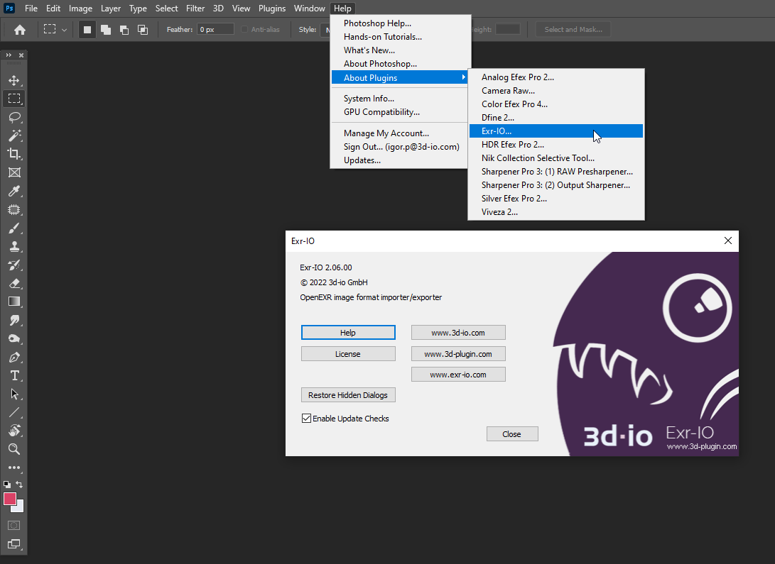 Окно информации и настроек плагина Exr-IO в Photoshop