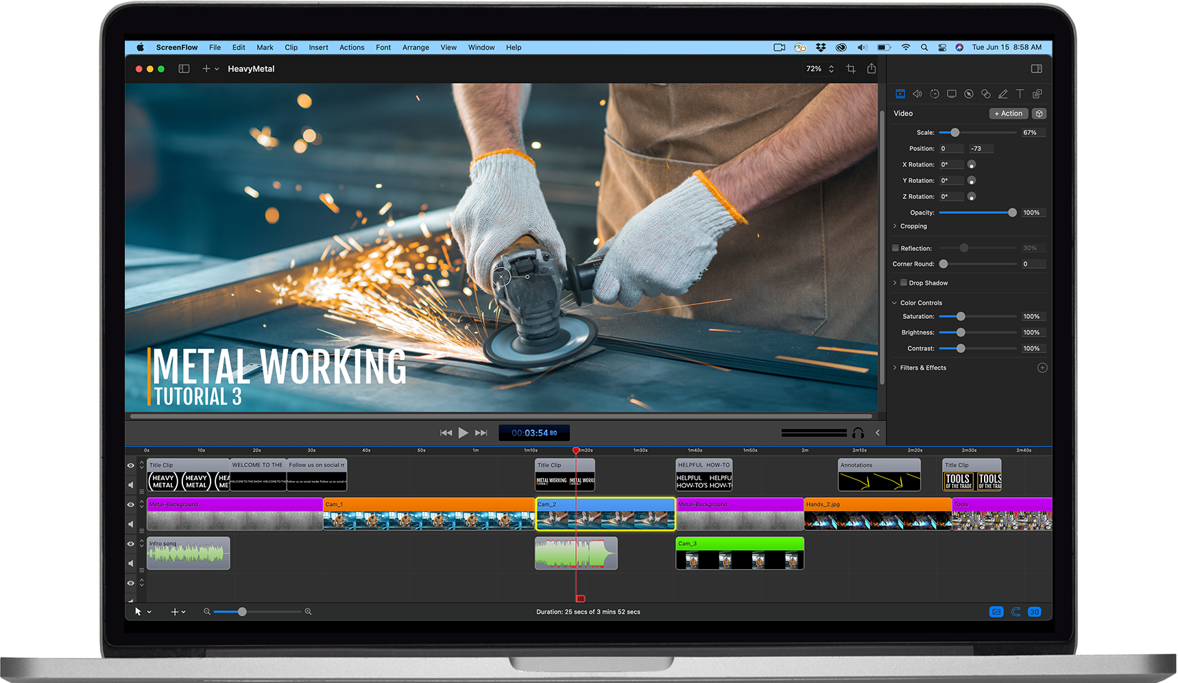Редактор ScreenFlow со шкалой времени, предпросмотром и панелью свойств