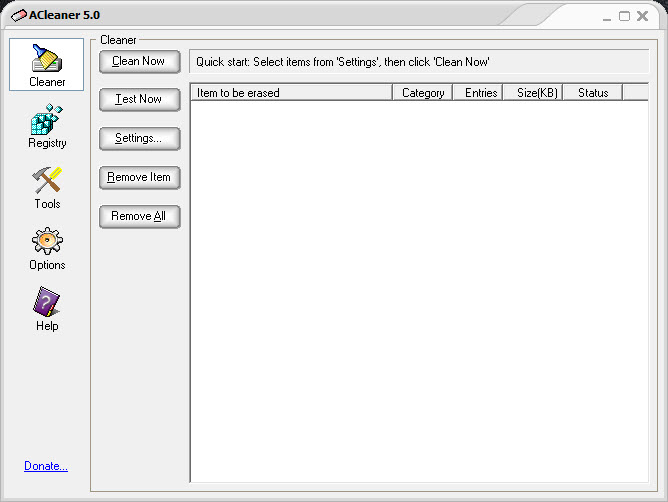Главное окно ACleaner с разделом Cleaner и кнопками Clean Now, Test Now, Settings, Remove Item и Remove All