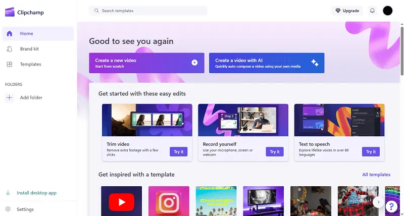 Рабочее окно Clipchamp для редактирования MOV