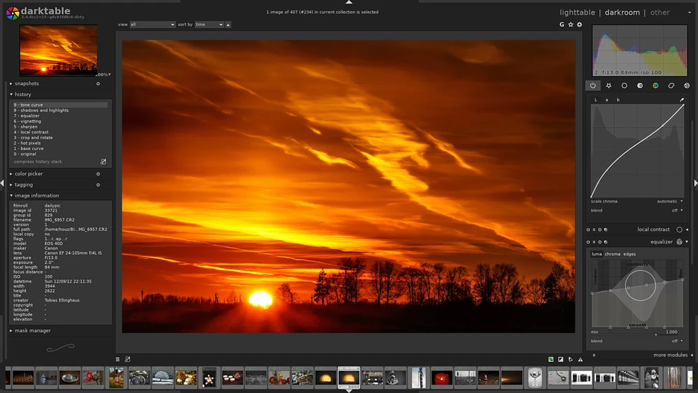 Интерфейс darktable при проявке фотографии