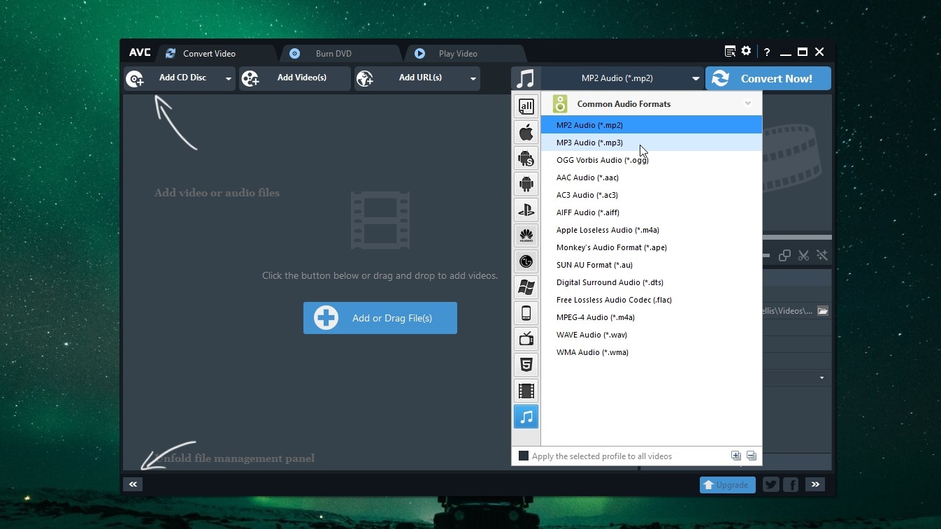 Интерфейс Any Video Converter с панелью обработки медиа