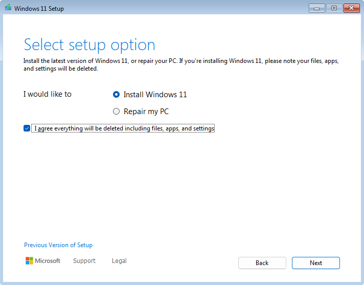 Экран Windows 11 Setup с выбором установки или восстановления компьютера