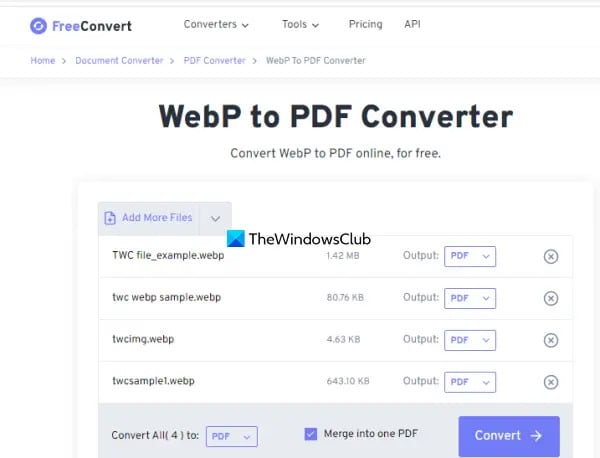 Интерфейс FreeConvert для WEBP в PDF