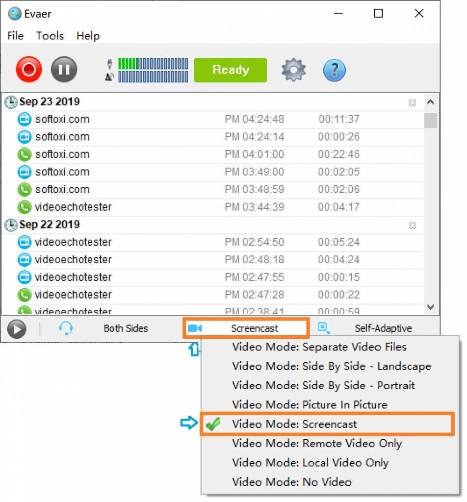 Окно Evaer Video Recorder for Skype с выбором режима Screencast