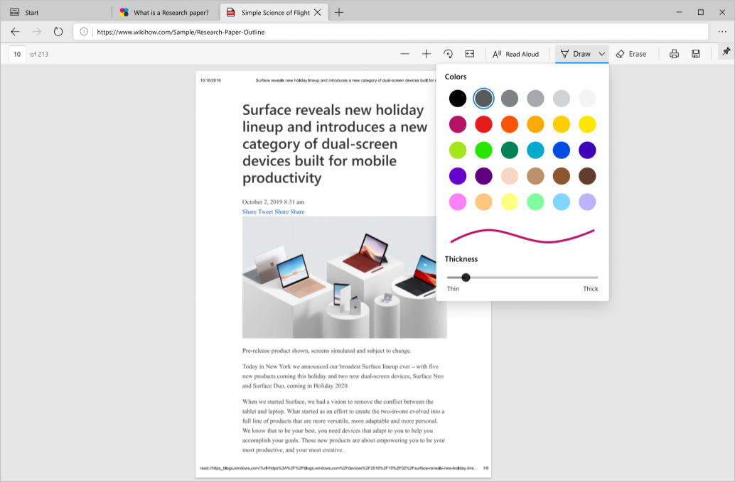 Рисование и настройка пера в PDF-reader Microsoft Edge