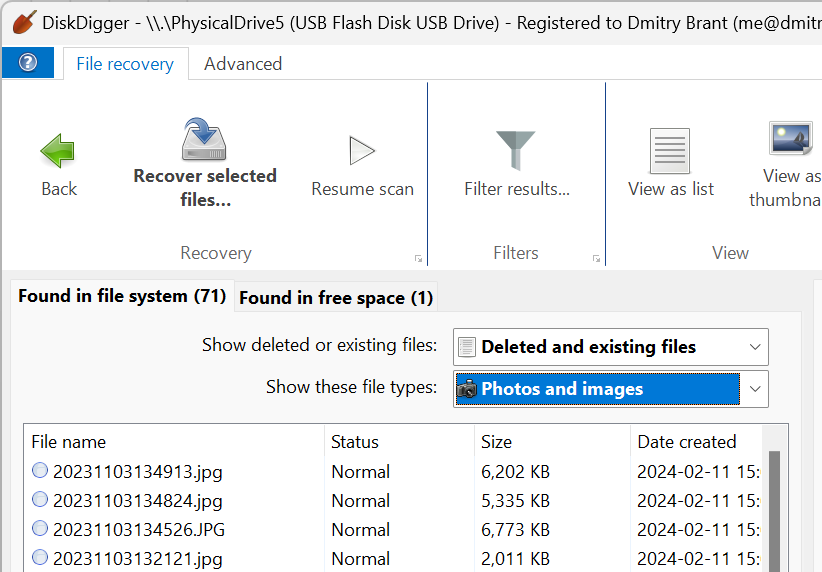 Вкладки Found in file system и Found in free space в DiskDigger