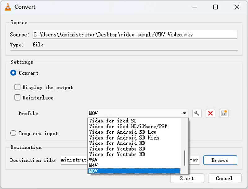 Выбор профиля MOV в окне конвертации VLC