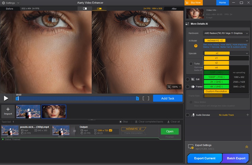 Интерфейс Aiarty Video Enhancer для AI-апскейла