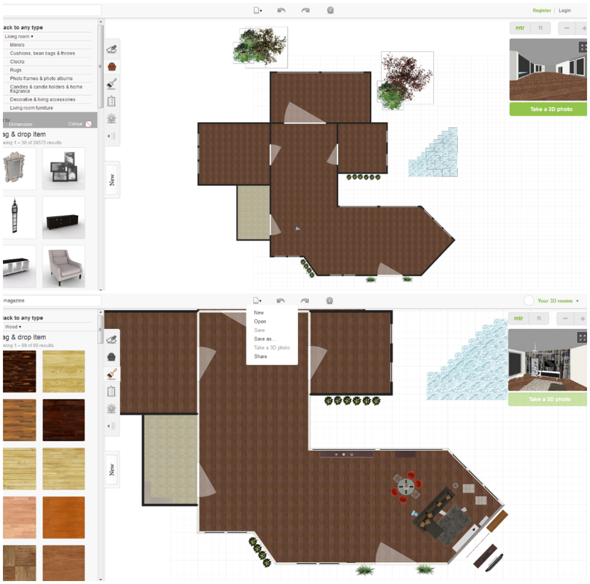 Интерфейс Roomstyler 3D Home Planner с планом помещений и трехмерным предпросмотром