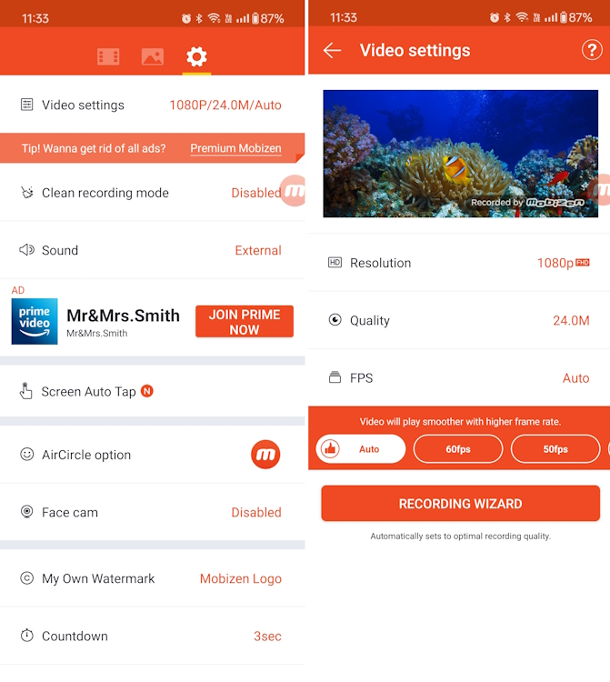 Интерфейс Mobizen Screen Recorder: основные настройки записи